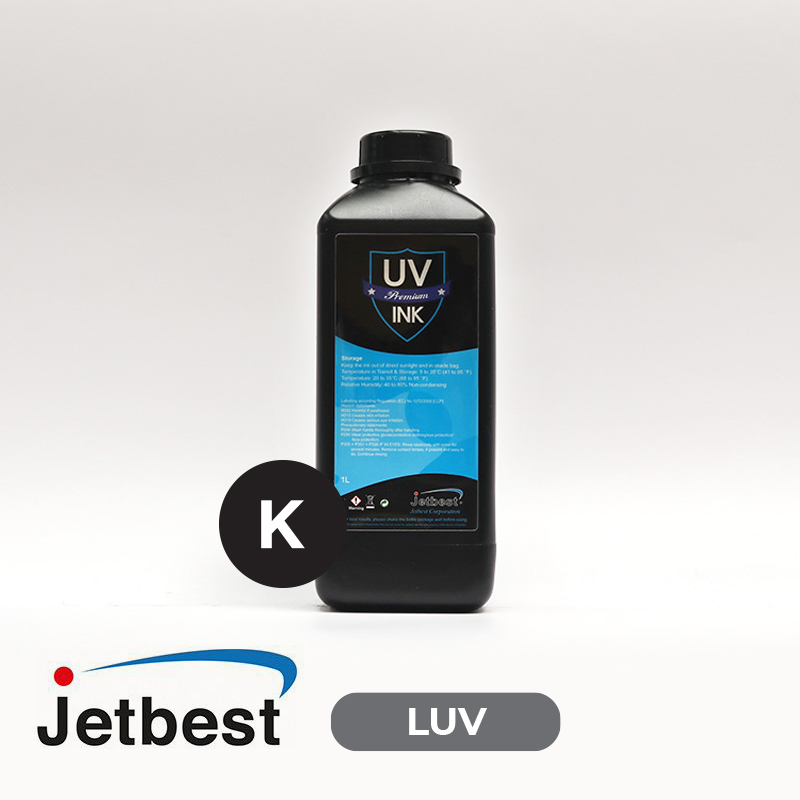 Tinta UV JETBEST LUV Black para cabezales Konica Minolta KM512i KM1024i de 6 picolitros y RICOH GEN5, 1Lt